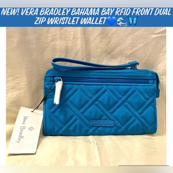 🎉HP🎉New! Vera Bradley Bahama Bay RFID Front Dual Zip Wristlet Wallet💙🌊🦋 - Picture 1 of 13